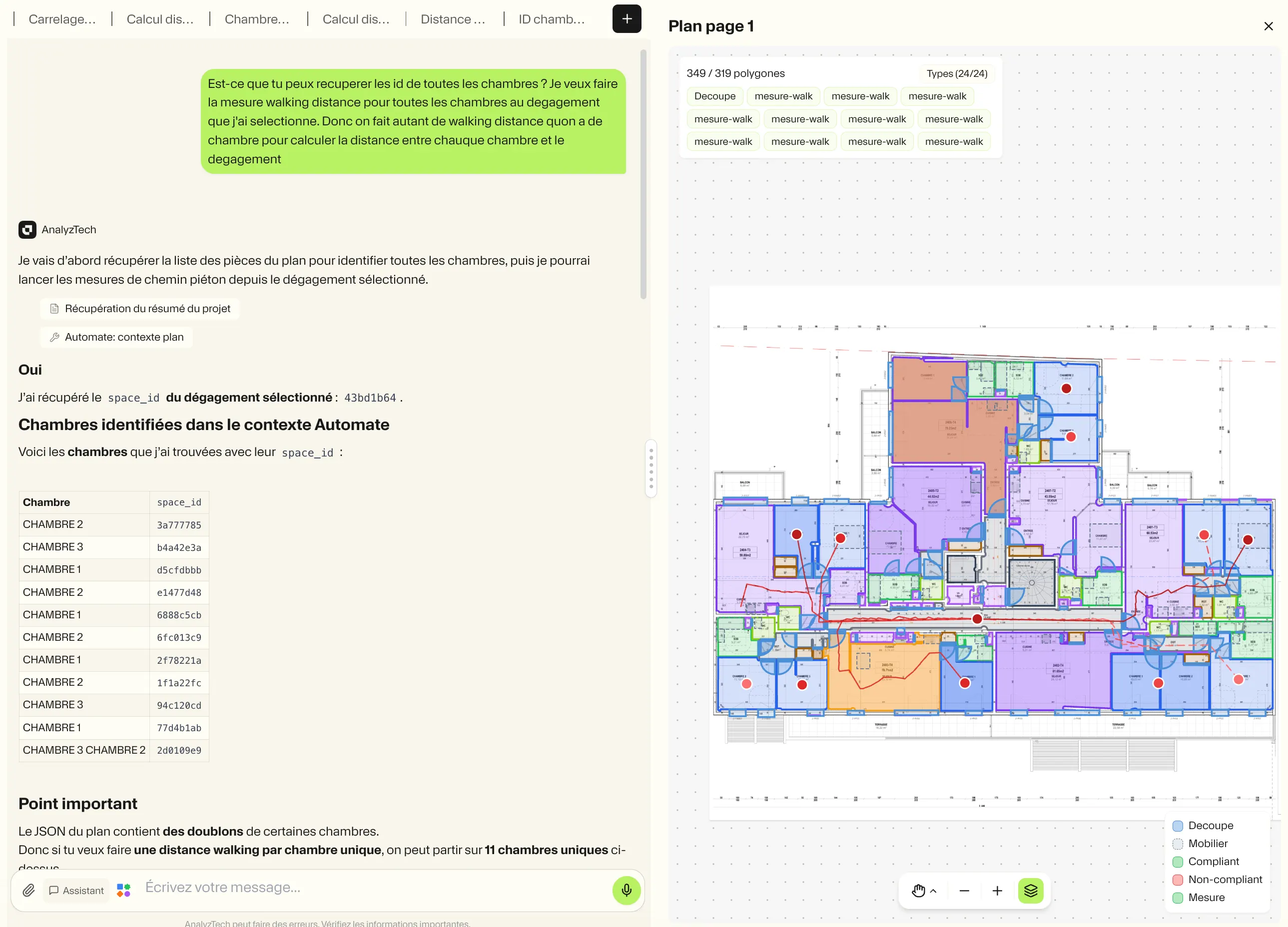 AnalyzTech interface showing an AI assistant beside a marked-up floorplan