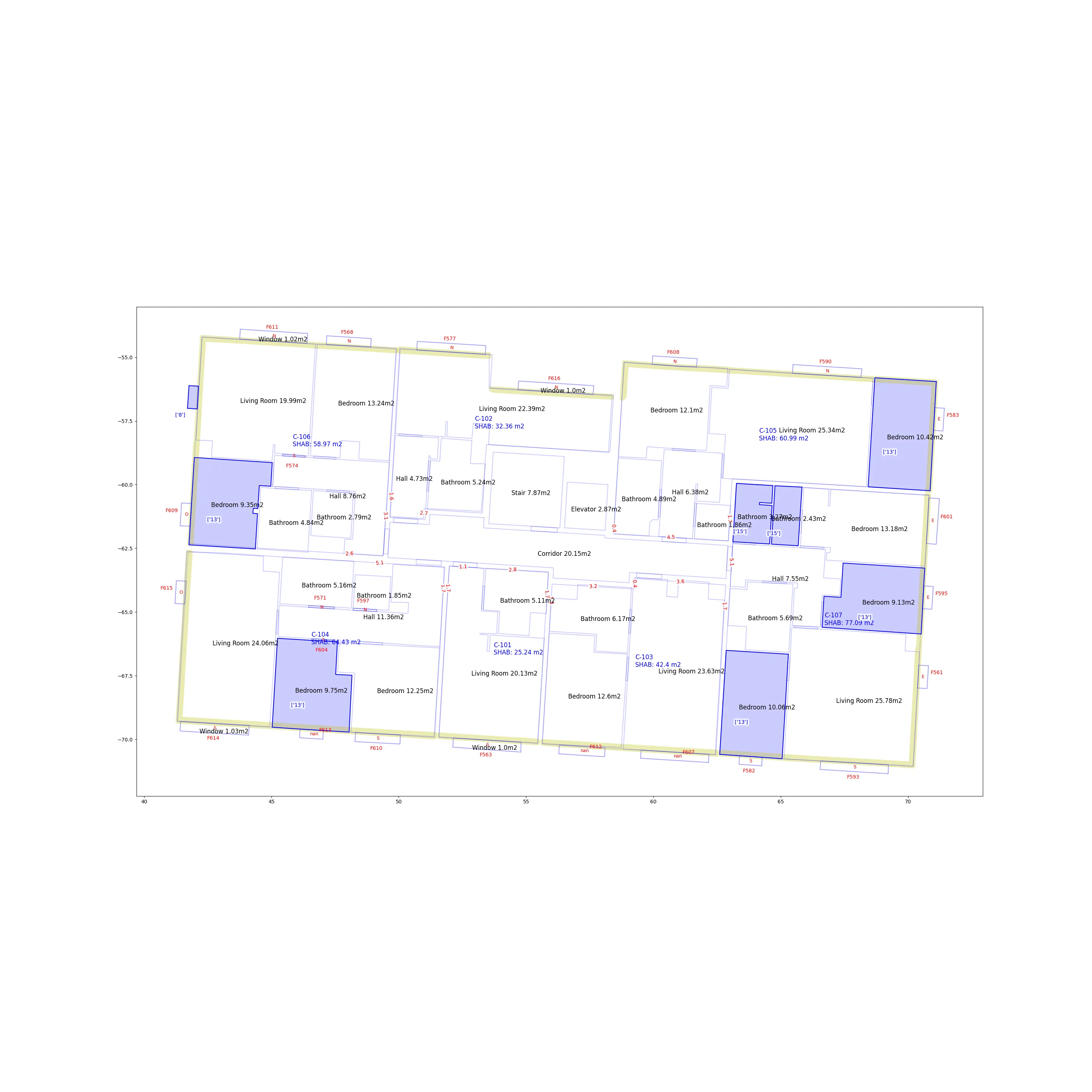 Floorplan automation output with detected and classified room polygons